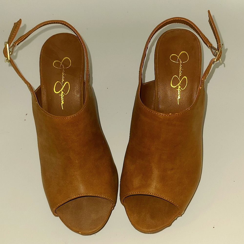 Tan leather Jessican Simpson Wedges 9.5